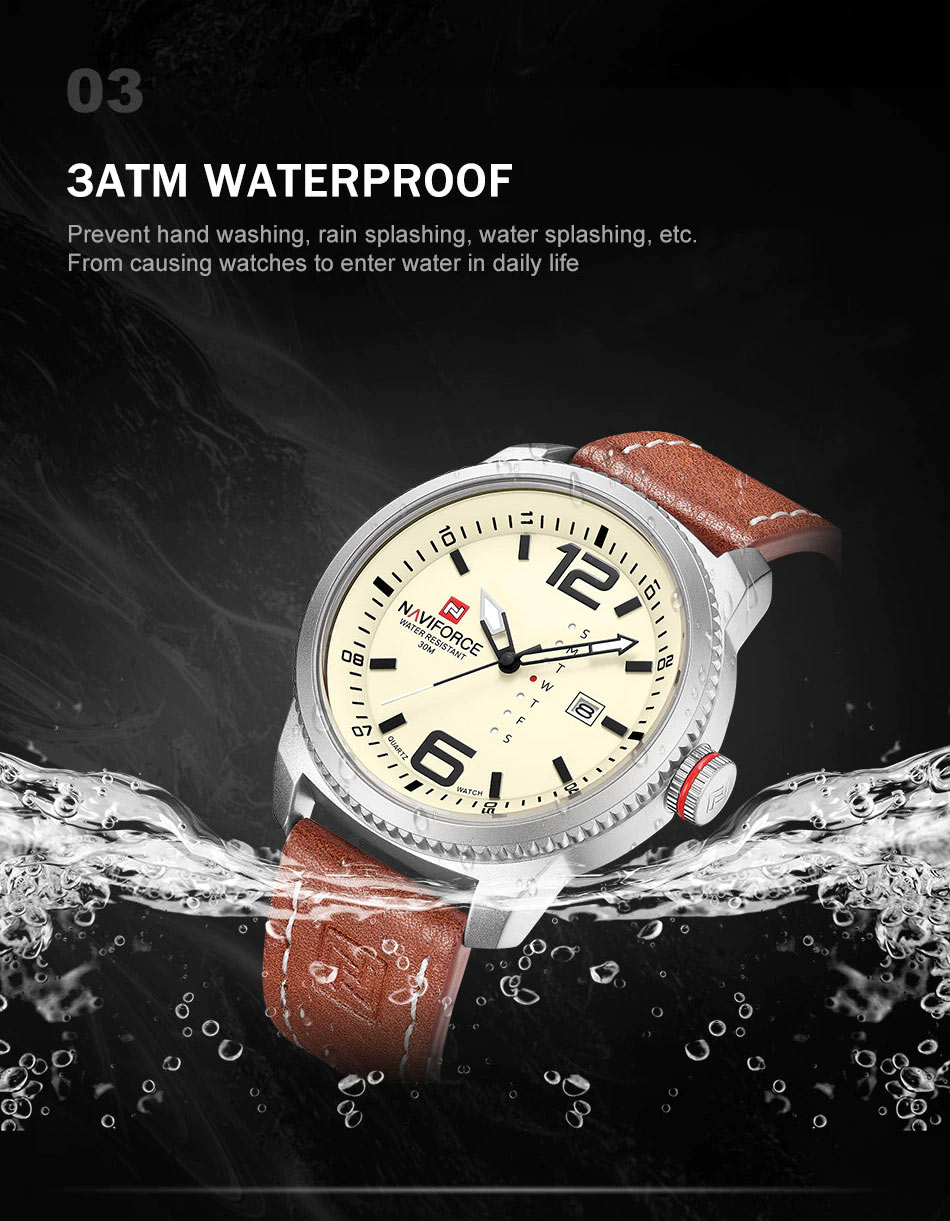 NaviForce-NF9063 brown leather strap men's 3ATM waterproof wrist watch