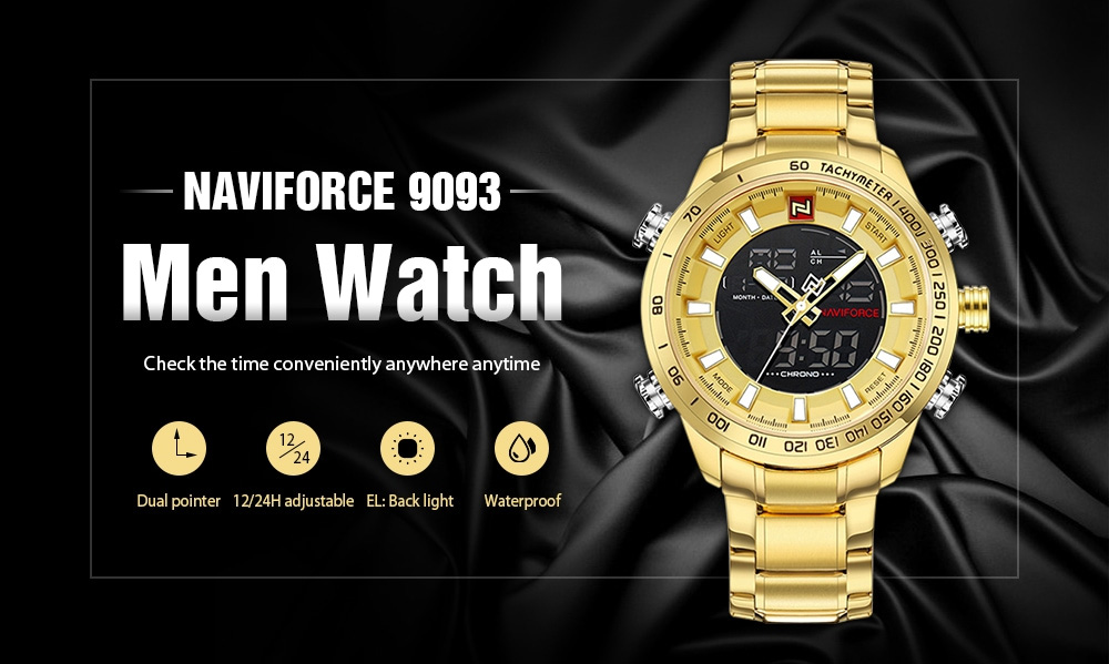 NaviForce-NF9093 golden stainless steel analog digital mens gift watch