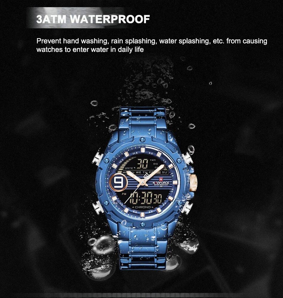NaviForce-NF9146 blue stainless steel chain analog digiotal watch waterproof details