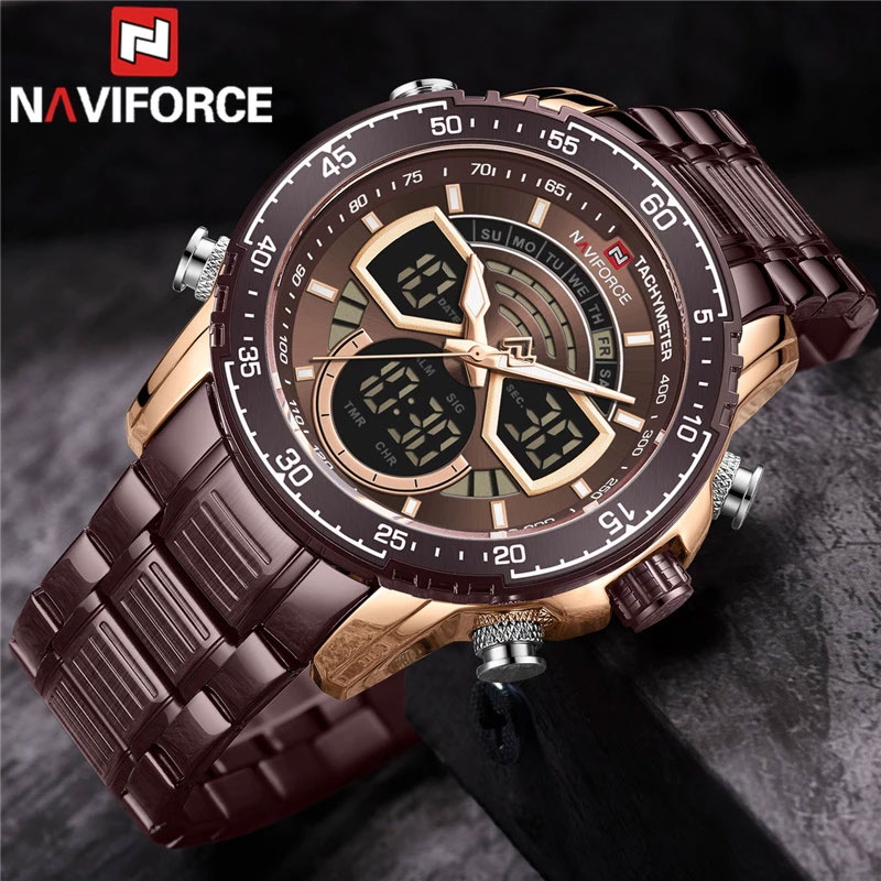 naviforce NF9189-brown brown stainless steel brown dial men's analog digital luxury wrist watch