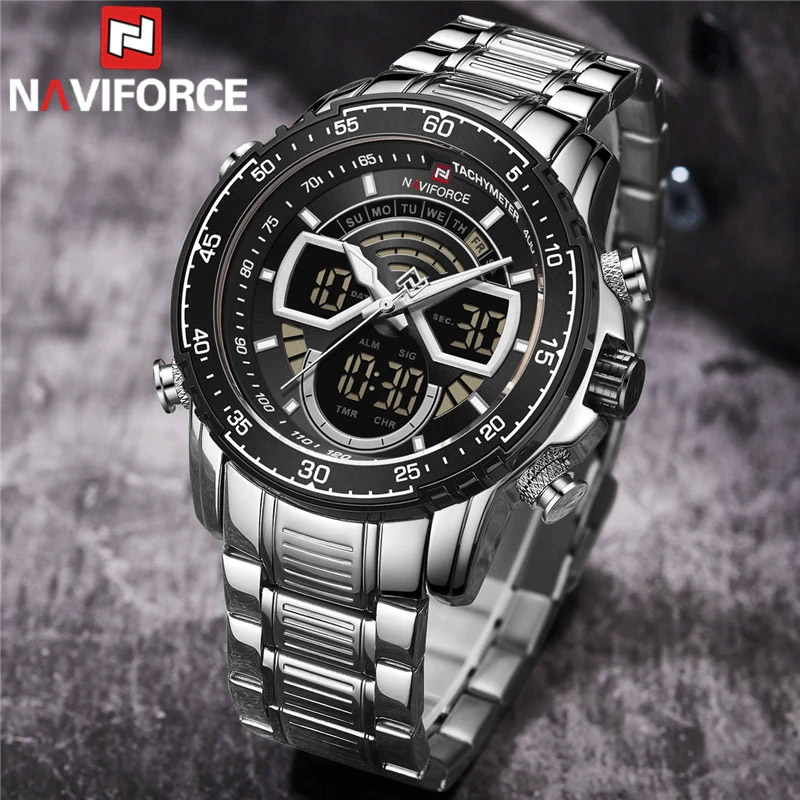 naviforce NF9189 silver stainless steel black multi dial men's sports wrist watch