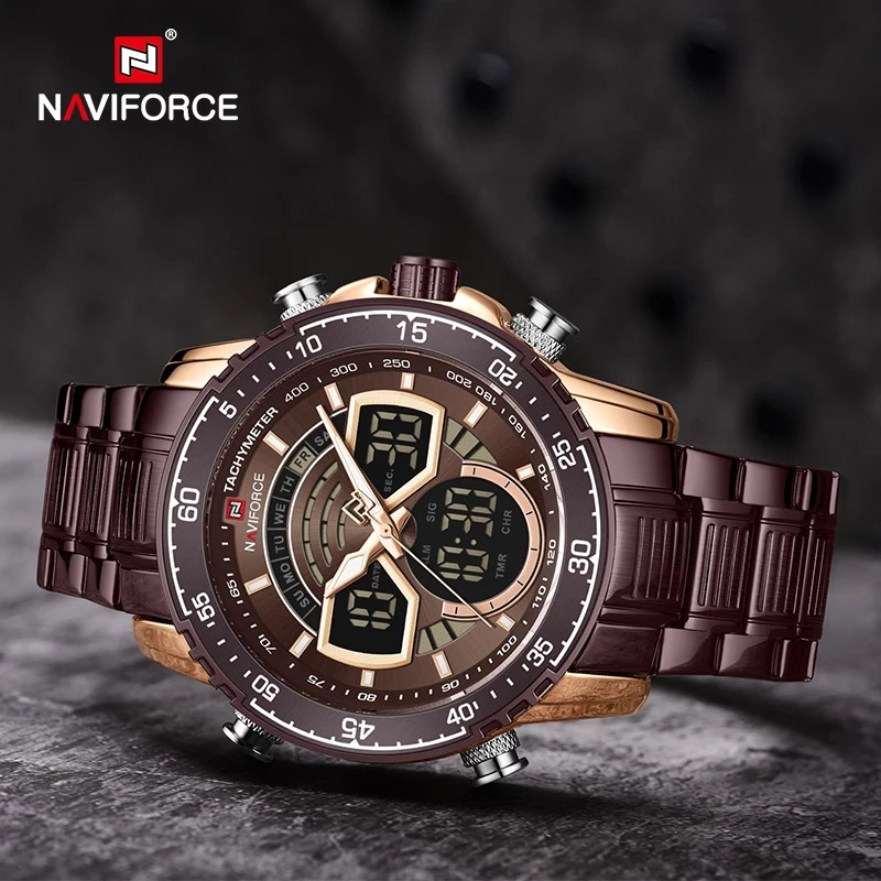 naviforce NF9189-brown brown stainless steel brown dial men's analog digital luxury wrist watch