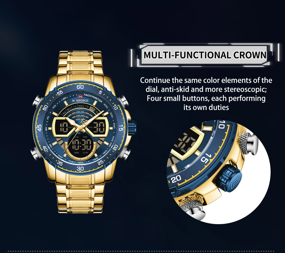 naviforce NF9189 golden stainless steel blue dual dial mens gift wrist watch
