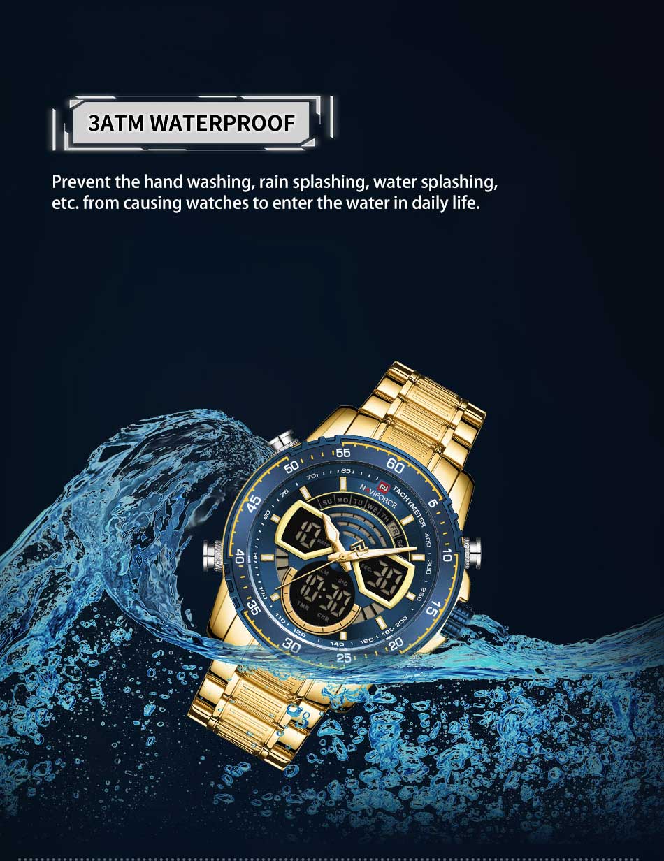 naviforce NF9189 golden stainless steel blue dual dial mens gift wrist watch