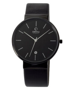 Obaku V153GBBRB black leather strap & black analog dial men's wrist watch