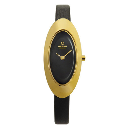 Obaku V156LXGBRB black leather strap oval shape analog dial ladies dress wrist watch