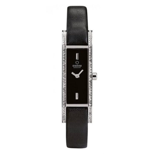 Obaku V159LEABRB blak leather strap black analog rectangle dial ladies fashion wrist watch