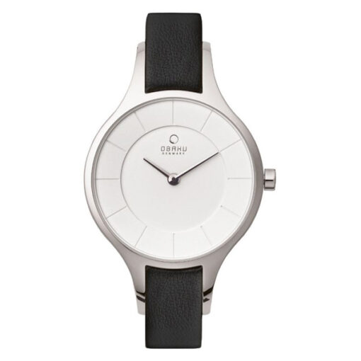 Obaku V165LXCIRB blackmleather strap classic white round analog dial ladies dress wrist watch