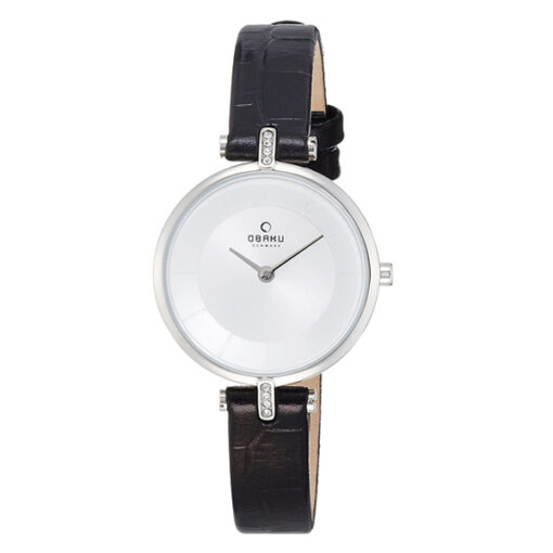 Obaku V168LECIRB black leather strap white analog dial ladies wrist watch