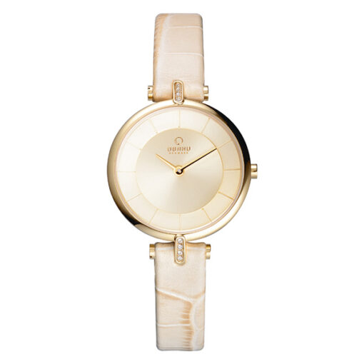 Obaku V168LEGGRX white calf leather strap golden dial ladies analog fashion wrist watch