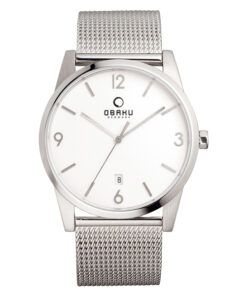 Obaku V169GDCIMC silver mesh strap white numeric dial mens analog wrist watch