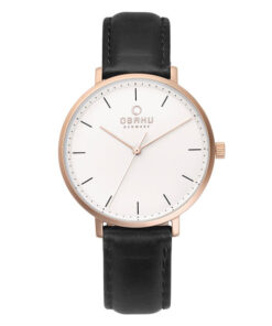 Obaku V186LXVWRB black leather strap classic round white analog dial ladies dress watch