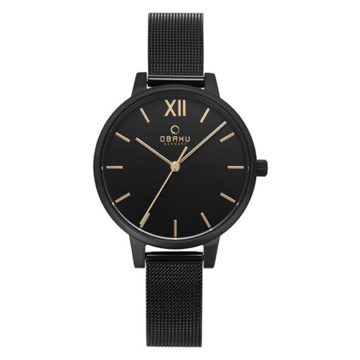 Obaku V209LXBBMB black mesh strap black analog dial ladies fashion wrist watch