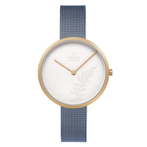 Obaku V219LXVHMA blue mesh strap stylish printed white dial ladies analog dress wrist watch