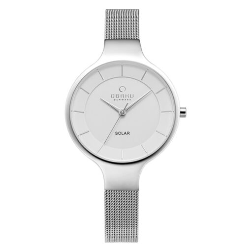 Obaku V221LRCWMC silver mesh strap white analog dial ladies solar wrist watch