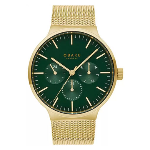 Obaku V229GMGEMG golden mesh chain green multi hand dial men's wrist watch