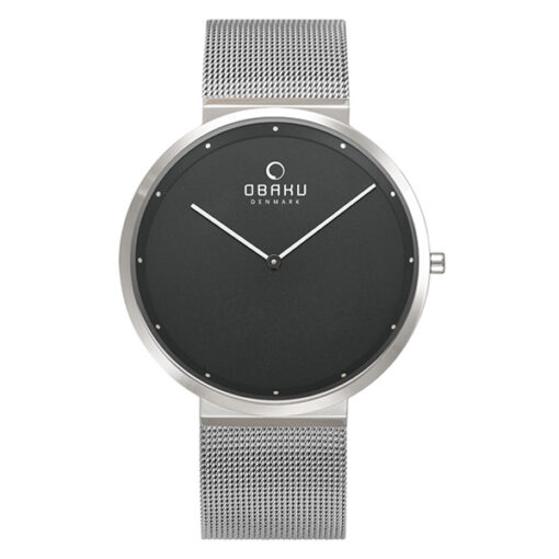 Obaku V230GXCBMC silver mesh strap black analog dial men's ultra slim case wrist watch