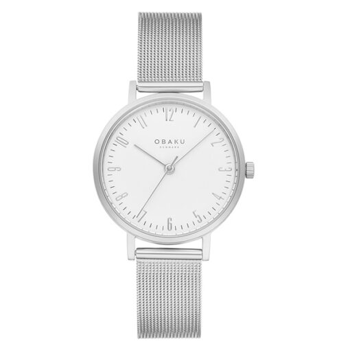 Obaku V248LXCIMC silver mesh chain white analog dial ladies dress watch