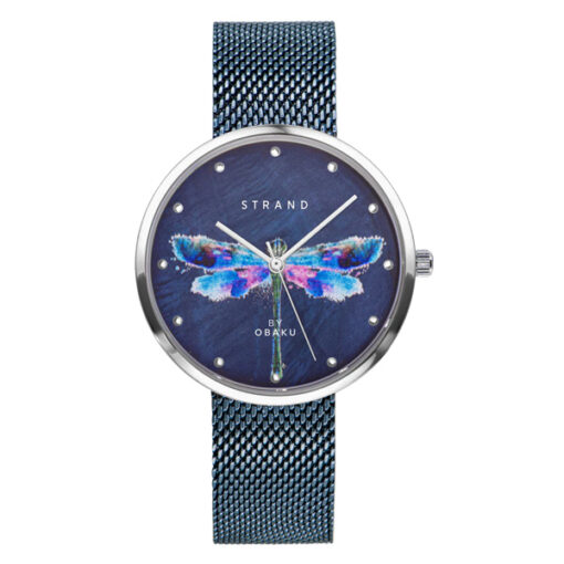 Strand S700LXCLML-DD blue mesh strap dragonfly printed multi color dial ladies fashion wrist watch