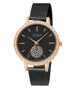 Strand S705LXVBMB black mesh chain stone engraved black dial ladies fashion wrist watch