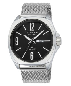 Strand S722GDCBMC silver mesh chain black dial date display feature men's analog watch