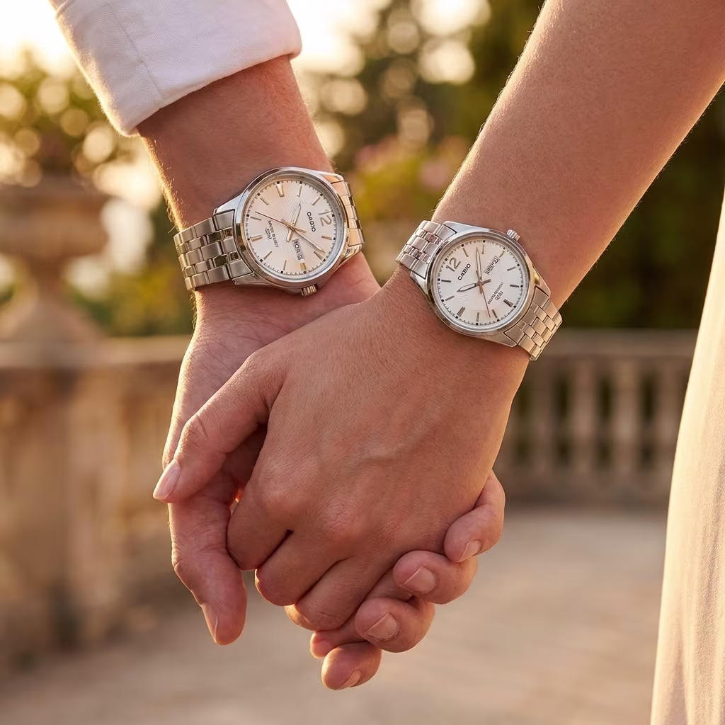 Original Casio Anniversary Couple Watches showcased on couple wrists