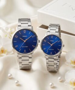 Luxury Blue Dial Couple Watches Pakistan | Casio Silver Stainless Steel His & Her Gift Set