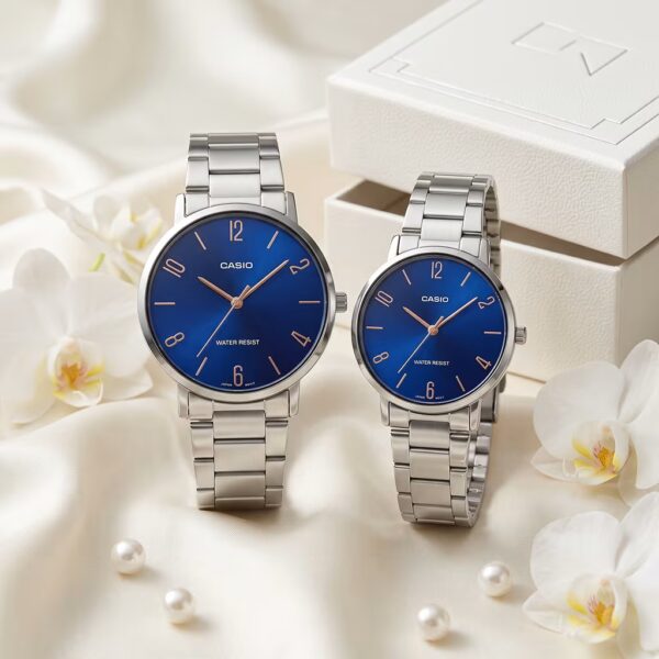 Luxury Blue Dial Couple Watches Pakistan | Casio Silver Stainless Steel His & Her Gift Set