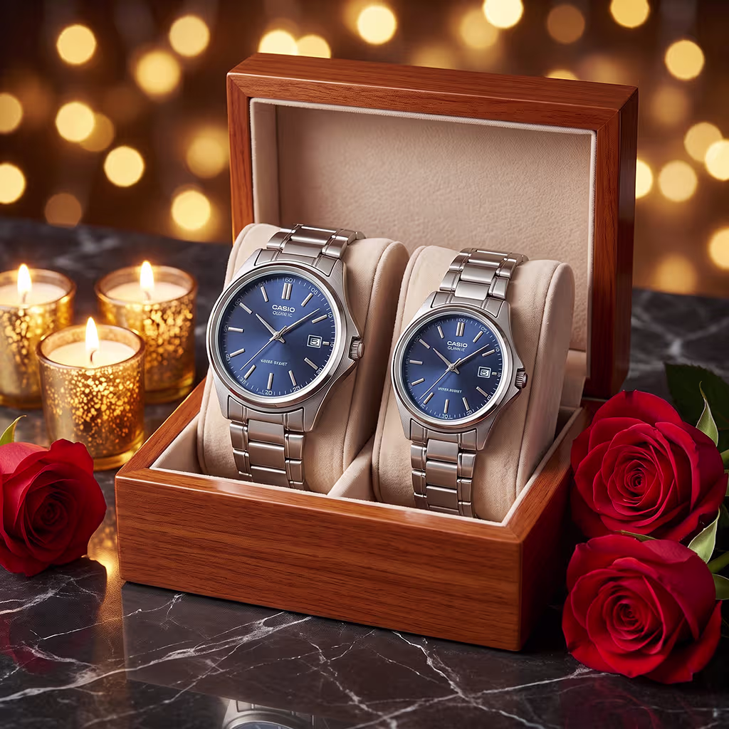 Casio classic blue dial elegant couple gift watches in a gift watch set box