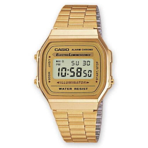 casio a-168g digital vintage wrist watch in golden stainless steel chain & dial