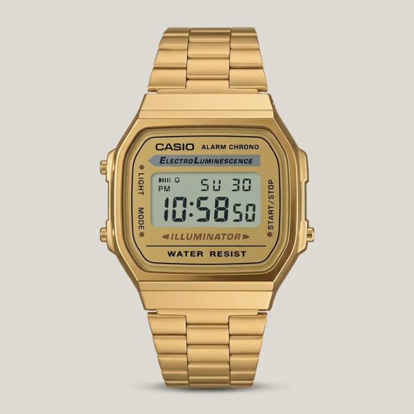 casio a-168g digital vintage wrist watch in golden stainless steel chain & dial