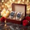 Casio silver chain and black dial classic anniversary gift set watch for couple
