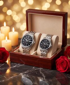 Casio silver chain and black dial classic anniversary gift set watch for couple