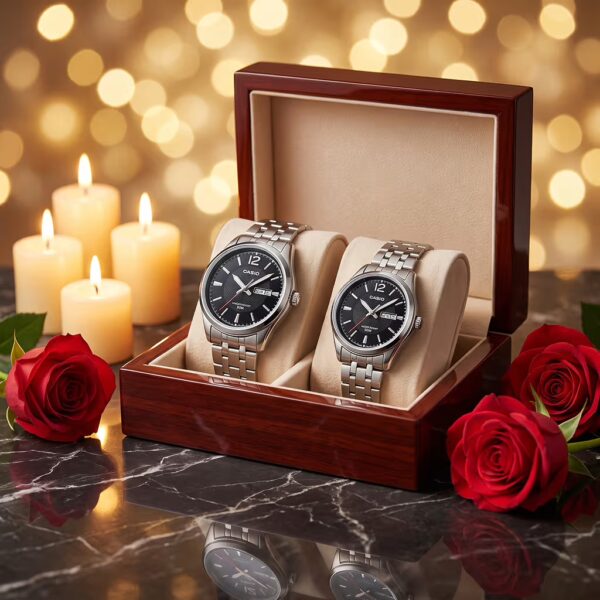 Casio silver chain and black dial classic anniversary gift set watch for couple