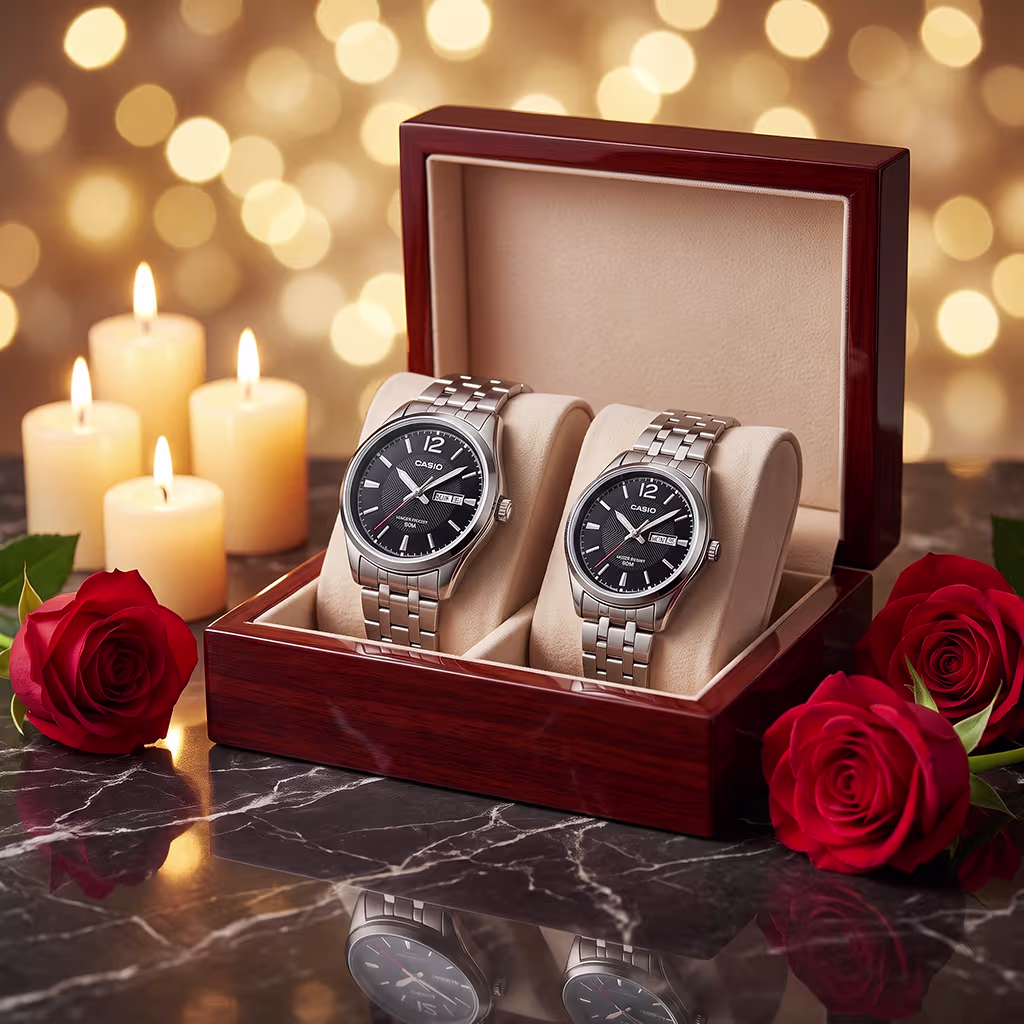 Casio silver chain and black dial classic anniversary gift set watch for couple