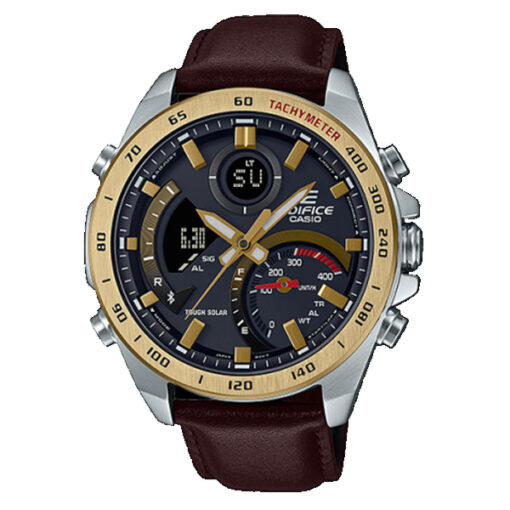 casio ecb-900gl-1a gold ion plated case balck multi dial brown leather strap mens dress watch