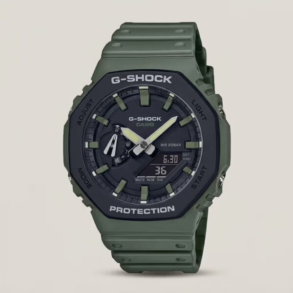 Casio G-Shock men's olive green analog-digital watch with black dial, shock-resistant design and 200M water resistance