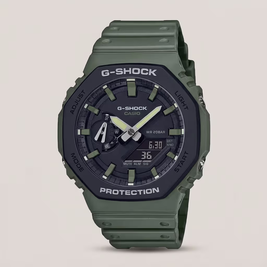 Casio G-Shock men's olive green analog-digital watch with black dial, shock-resistant design and 200M water resistance