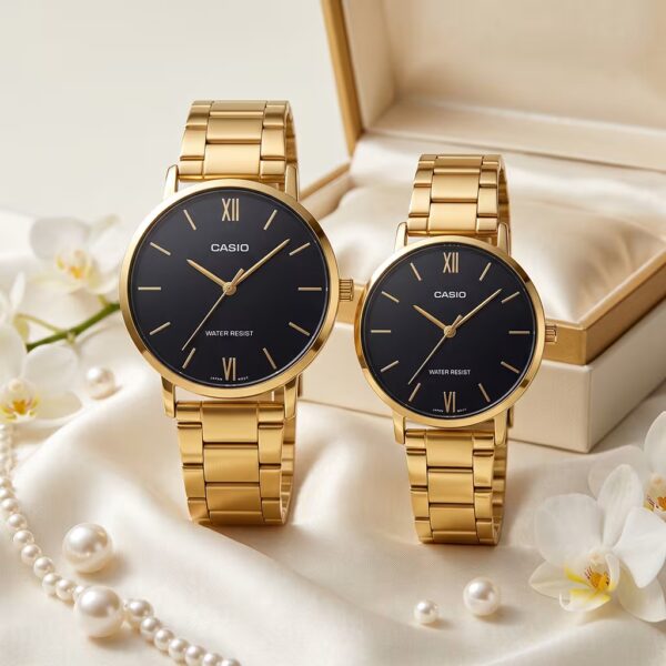 Luxury Gold Couple Watch Set Pakistan | Black Dial Casio Wedding & Anniversary Gift