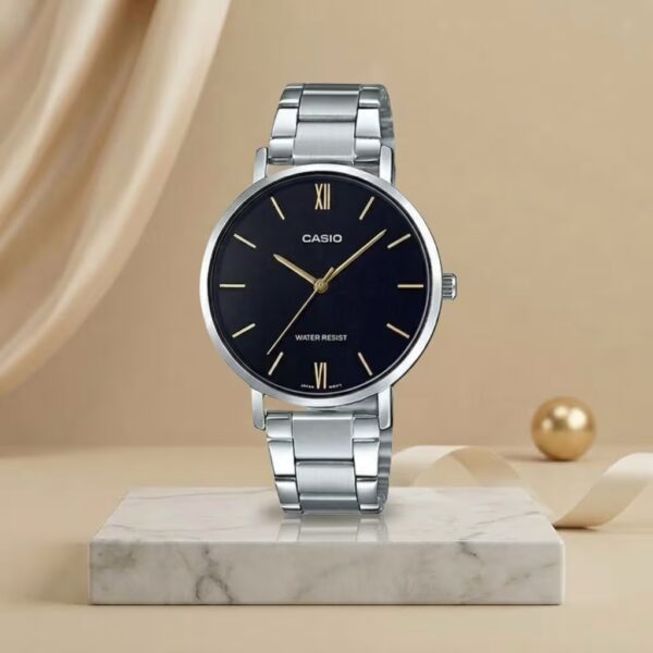 Casio ladies black dial watch with gold-tone markers and silver stainless-steel bracelet