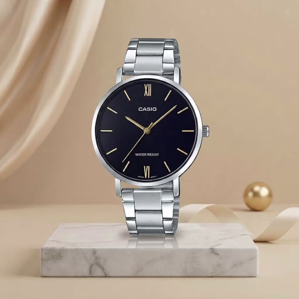 Casio ladies black dial watch with gold-tone markers and silver stainless-steel bracelet
