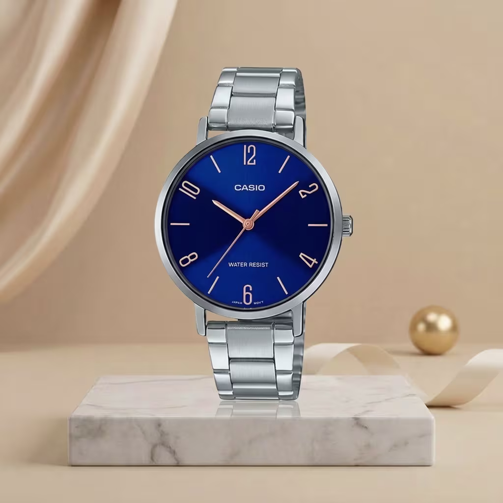 Casio ladies blue dial watch with silver stainless-steel bracelet and rose-gold hands and hour markers