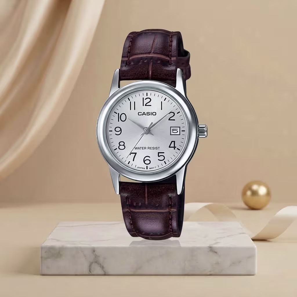 Casio ladies silver dial watch with brown leather strap, silver-tone case and date display