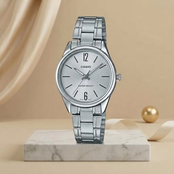 Casio ladies silver dial watch with silver stainless-steel bracelet and minimalist 12 and 6 hour markers