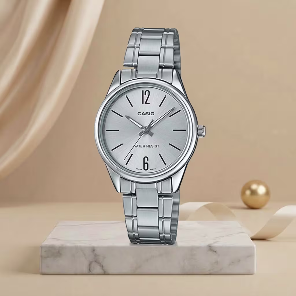 Casio ladies silver dial watch with silver stainless-steel bracelet and minimalist 12 and 6 hour markers