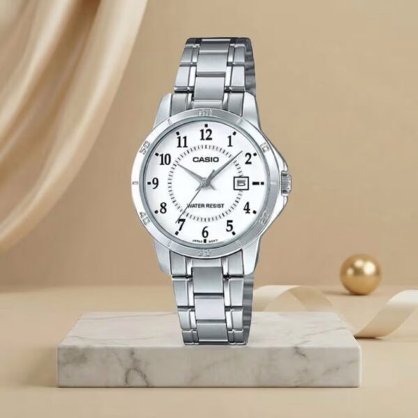 Casio ladies white numeric dial watch with silver stainless-steel bracelet and date display