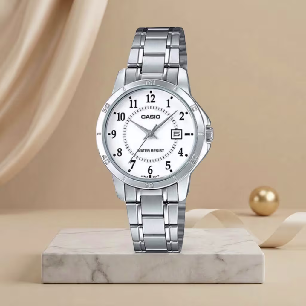 Casio ladies white numeric dial watch with silver stainless-steel bracelet and date display