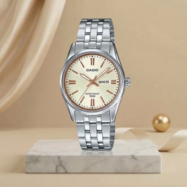 Casio LTP-1335D-9AV ladies champagne dial watch with silver stainless-steel bracelet and day-date display
