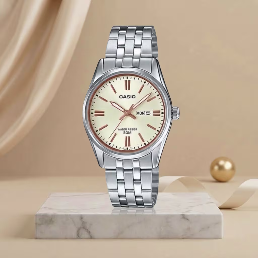 Casio LTP-1335D-9AV ladies champagne dial watch with silver stainless-steel bracelet and day-date display