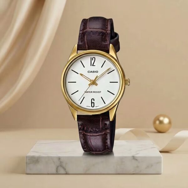 Casio LTP-V001GL-9B ladies gold dial watch with gold-tone case and brown leather strap